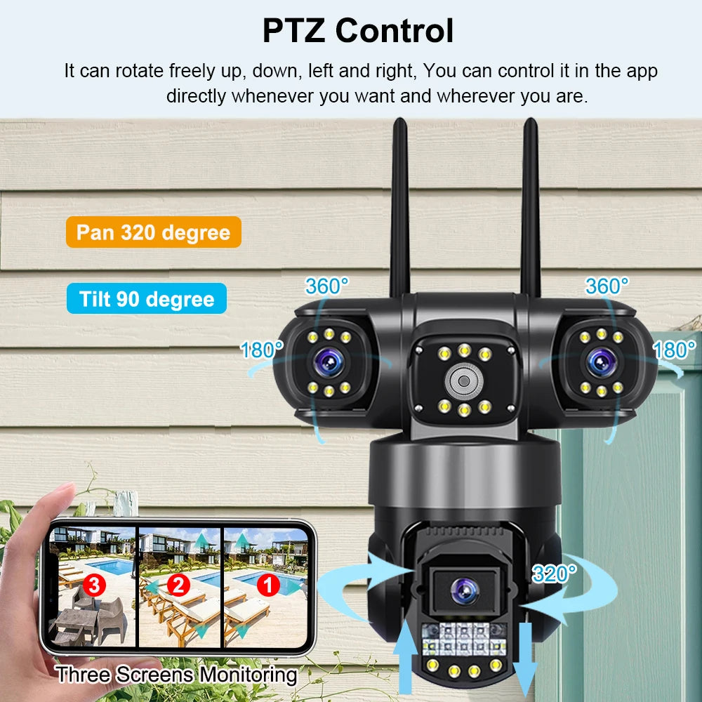 WiFi IP Camera Outdoor 12MP 6K Triple Lenses Triple Screens
Security Video Monitor Night Vision Waterproof CCTV Cameras