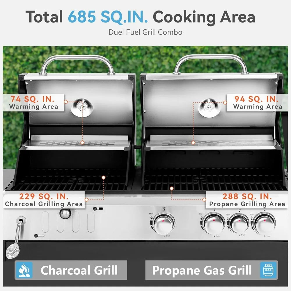BBQ Grill 3 Burner Propane Gas and Charcoal Grill Combo with Side Burner