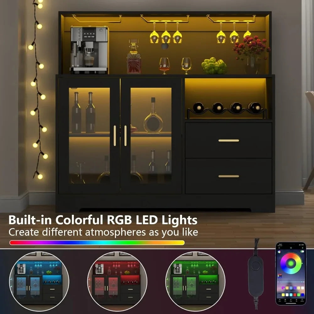 Wine Bar Cabinet with LED Light, with Wine and Glass Rack, Kitchen Buffet Sideboard
