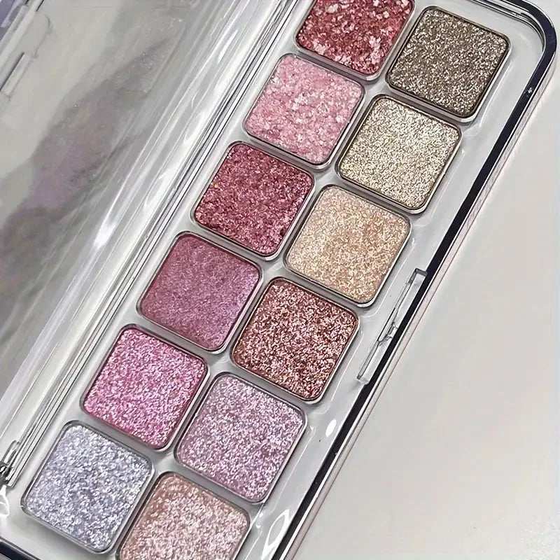 12-color eyeshadow palette - pink, white, red glitter and shimmer effects
Highly pigmented, long-lasting