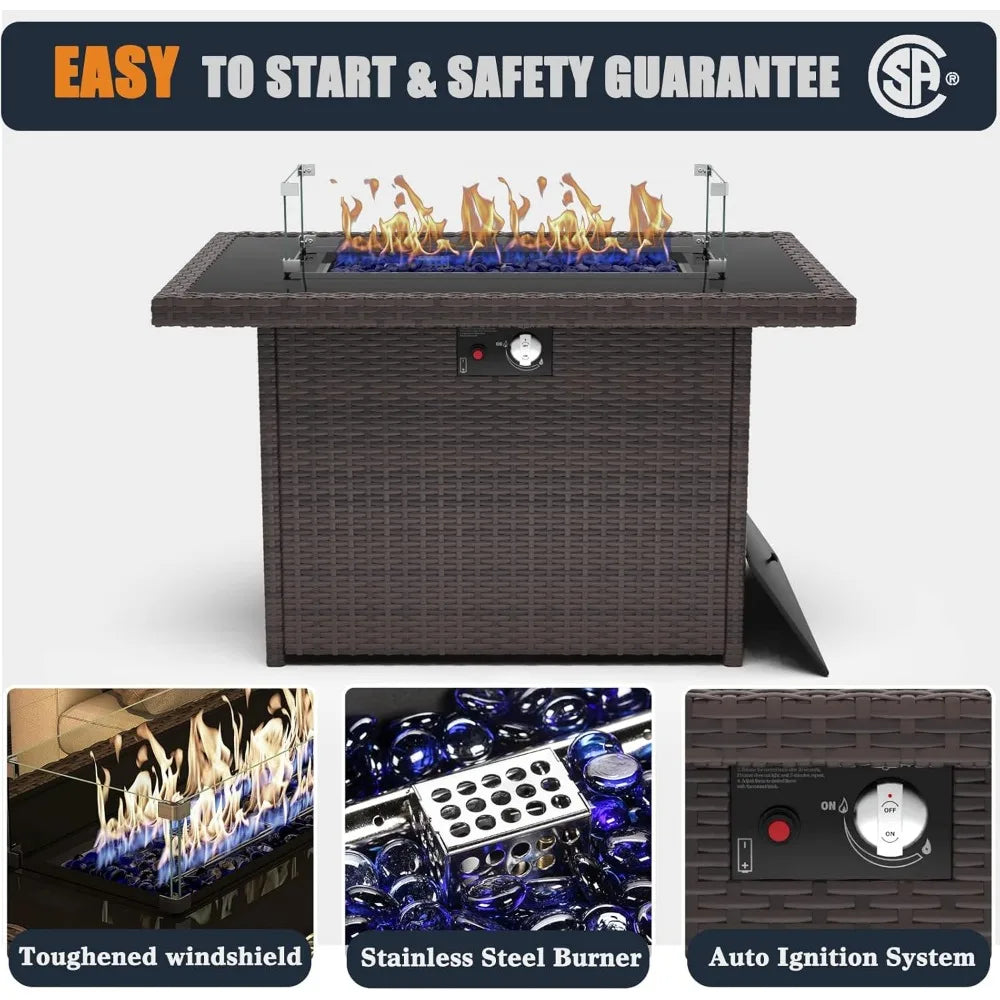 44 Inch Propane Gas Fire Pits Table Rectangular Outdoor Wicker Rattan Fire Pit