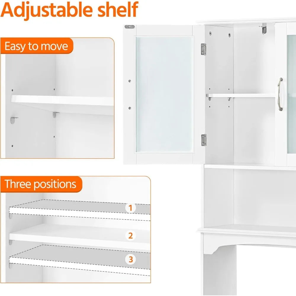 Over The Toilet Storage Cabinet with Double Tempered Glass Doors and Adjustable Shelf,