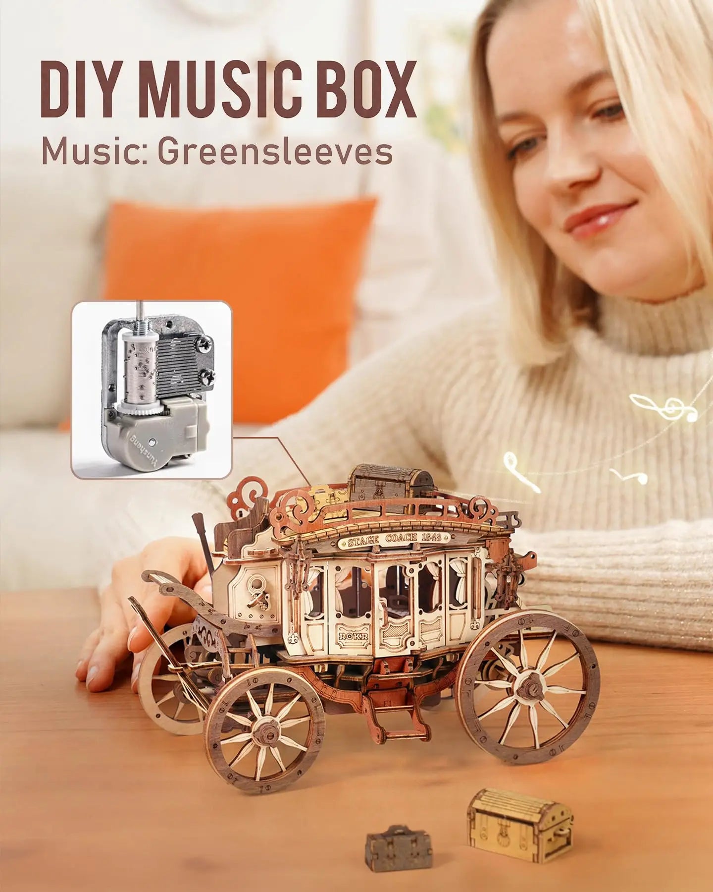 Wooden Music Box Puzzle 3D Puzzles Mechanical Building Construction Craft Birthday Anniversary Day Gift Kits Stagecoach