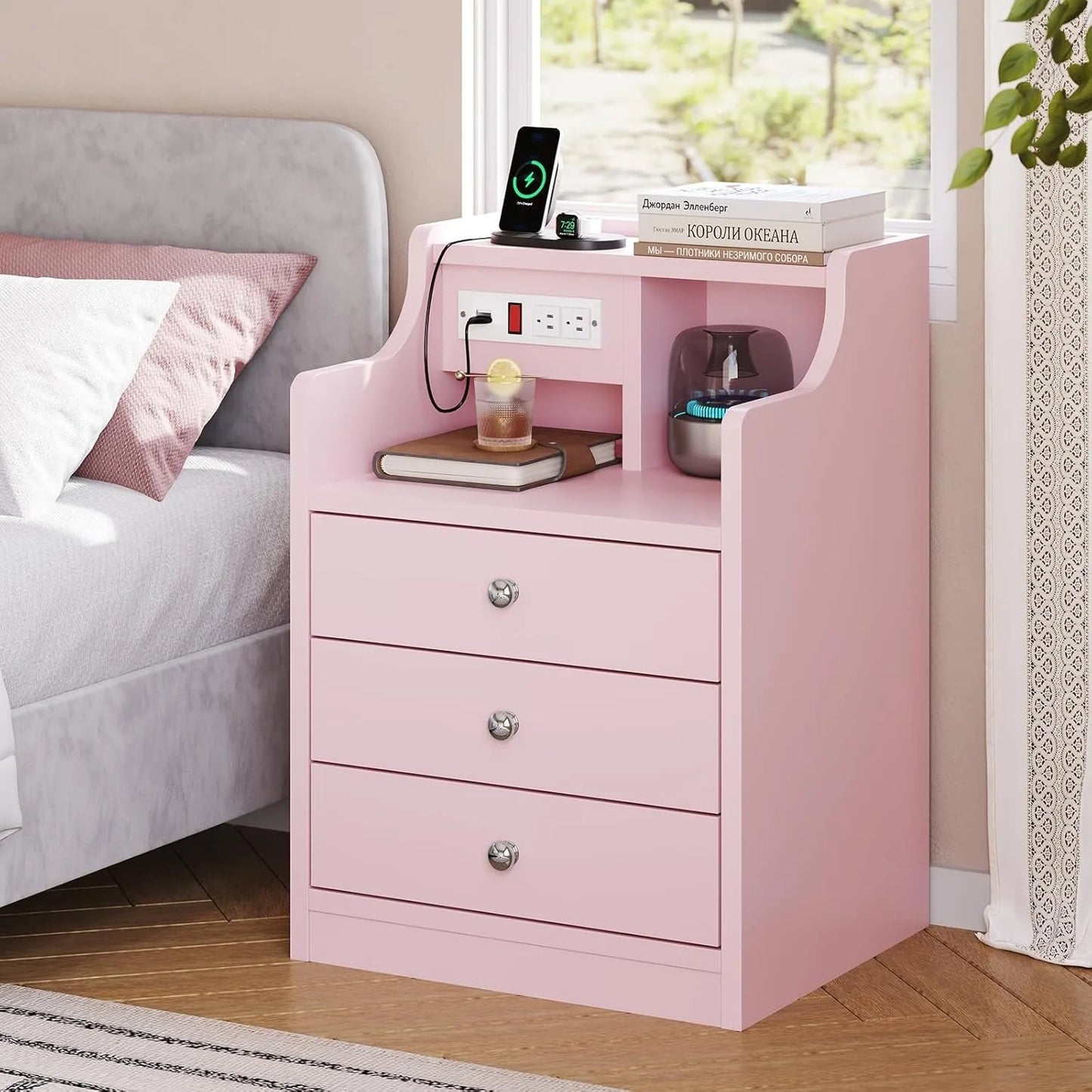 Charging Night Stand with Hutch & Storage Drawer 13.8"D x 17.7"W x 26.8"H