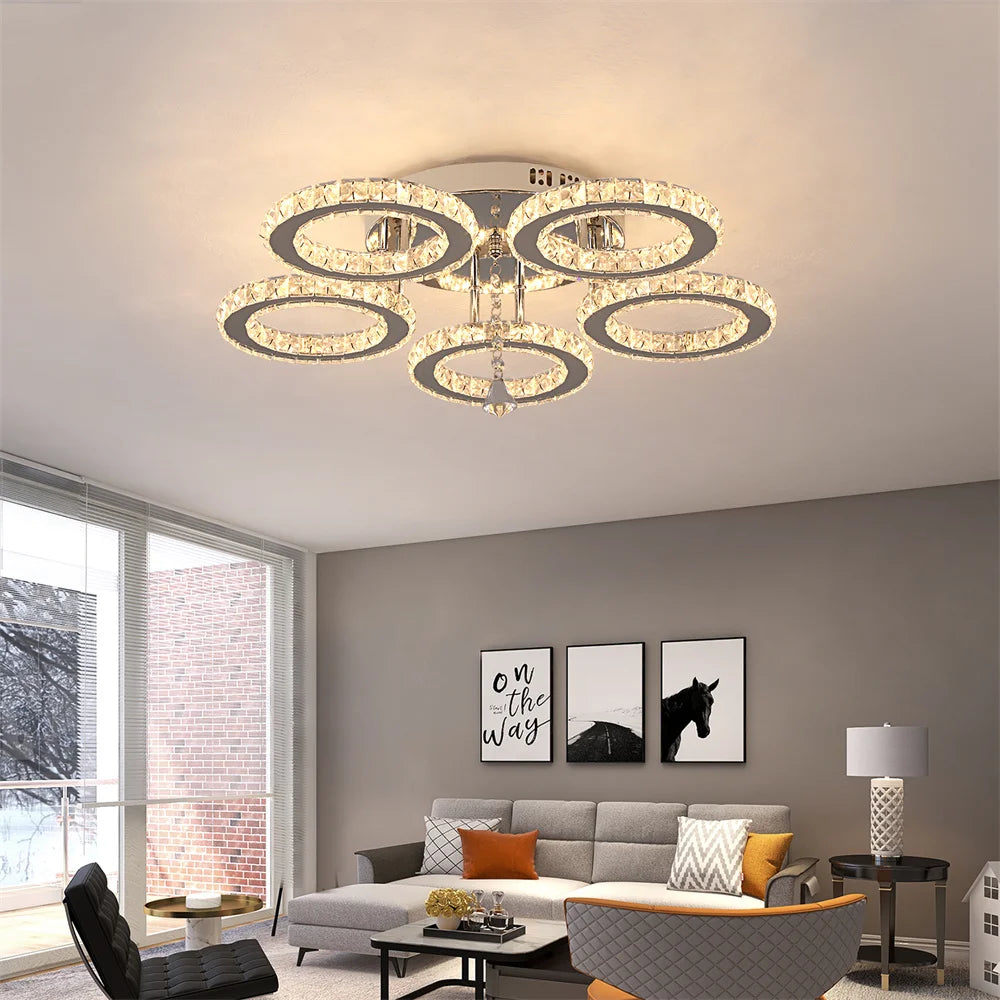 5 Fixture Flush Mount Rings, Dimmable, Crystal Chandalier