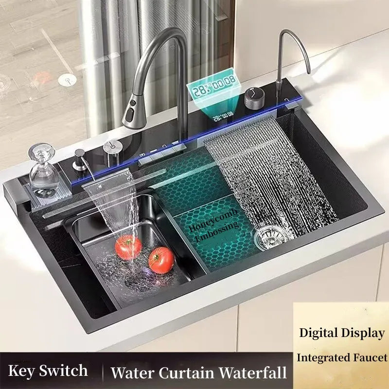 Stainless Steel Waterfall Kitchen Sink
Large Single Slot Integrated Digital Display Faucet Set Soap Dispenser Cup Washer