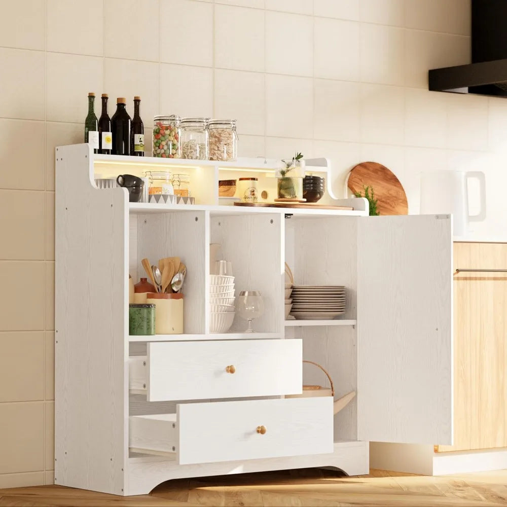 Kitchen Coffee Bar Cabinets with Storage, Liquor Cabinet with LED Lights
& Power Outlets, Adjustable Shelf, Drawers, Modern