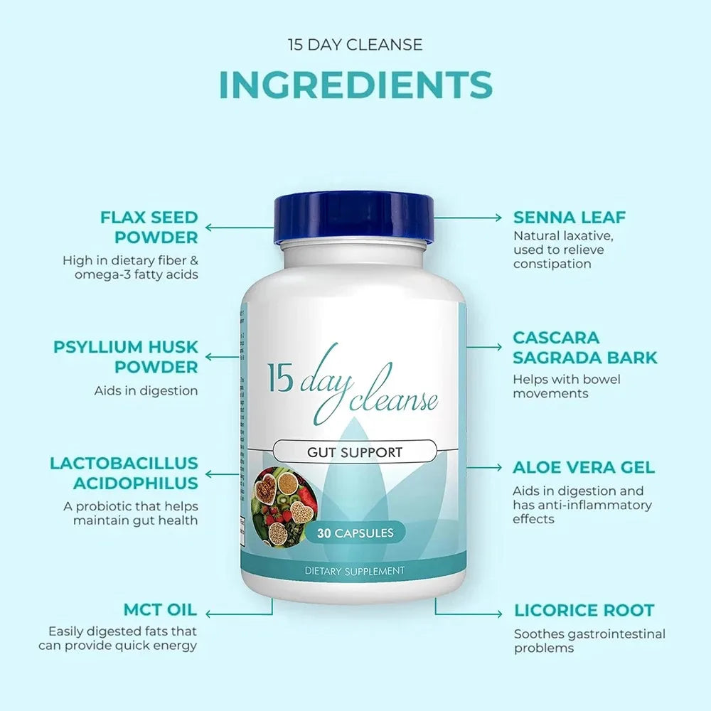 Gut Health Supplements - Improve Digestive Comfort
15 Day Cleanse Detox Gut & Colon Support Capsules