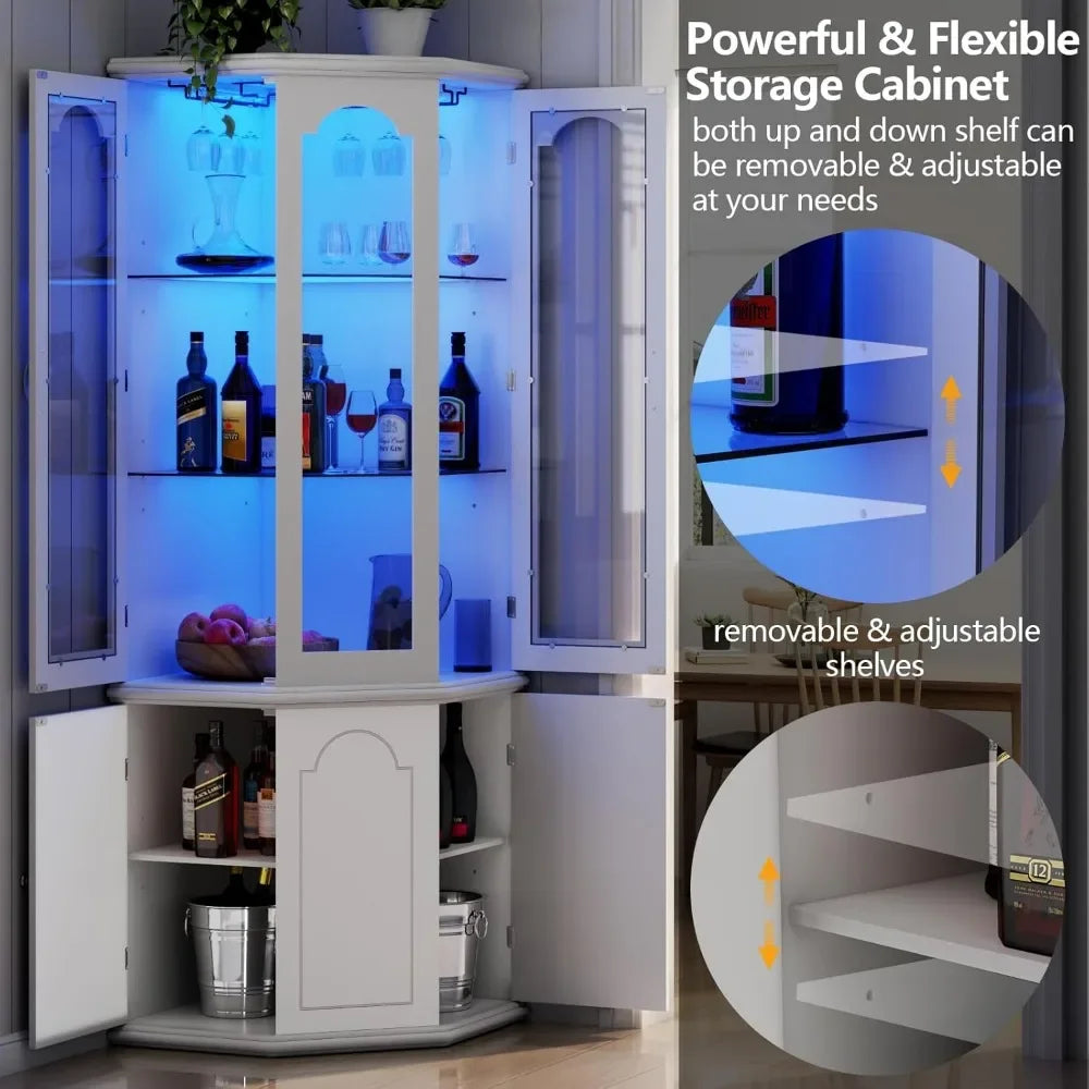 Corner Bar Cabinet w/LED Lights, Tall Modern Wine Cabinet with Tempered Glass Door
& Adjustable Shelves, Home Bar Liquor Storage