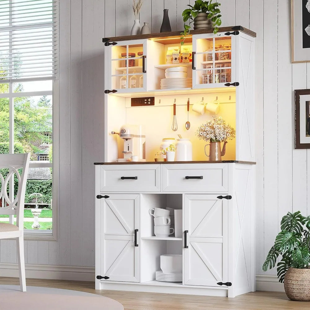 Bar Cabinet with LED Lights & Power Outlets,
Kitchen Buffet with Hutch & 2 Large Drawers
, Barn Door Design, 8 Storage Shelves