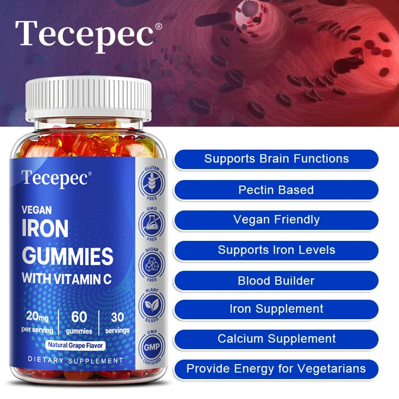 Vegetarian Vitamin C + Iron Gummies, Iron Supplement for Red Blood Cell Energy Levels, , Circulation Support