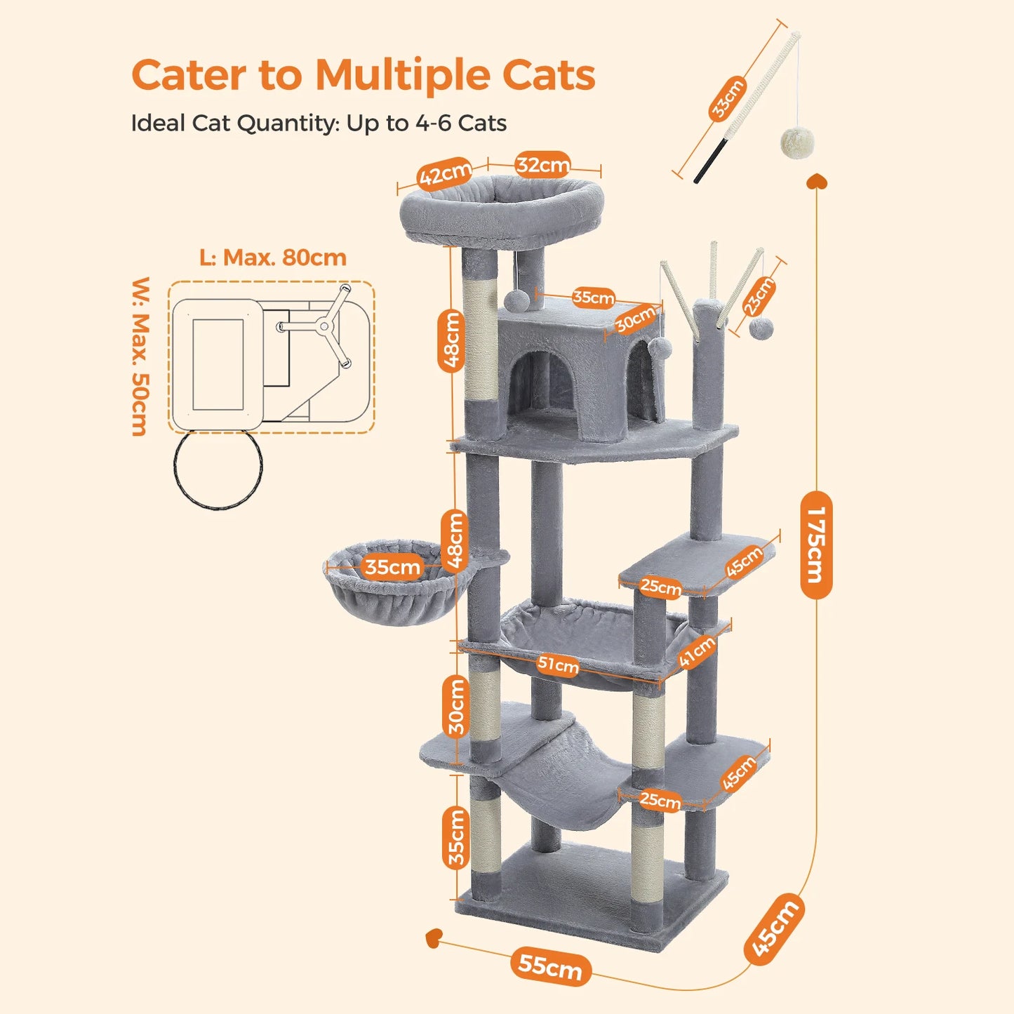 Large Multi-Level Cat Tree Tower with Scratching Posts,
cozy Hammock, Condo House, Tall Cat Scratcher for Indoor, Pet Toys