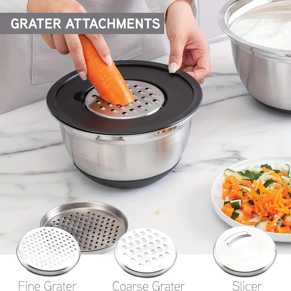 8pcs Mixing Bowls with Airtight Lids Stainless Steel Mixing Bowl Set,
Attachments Bottoms, Black Kitchen Bowls, Baking Serving