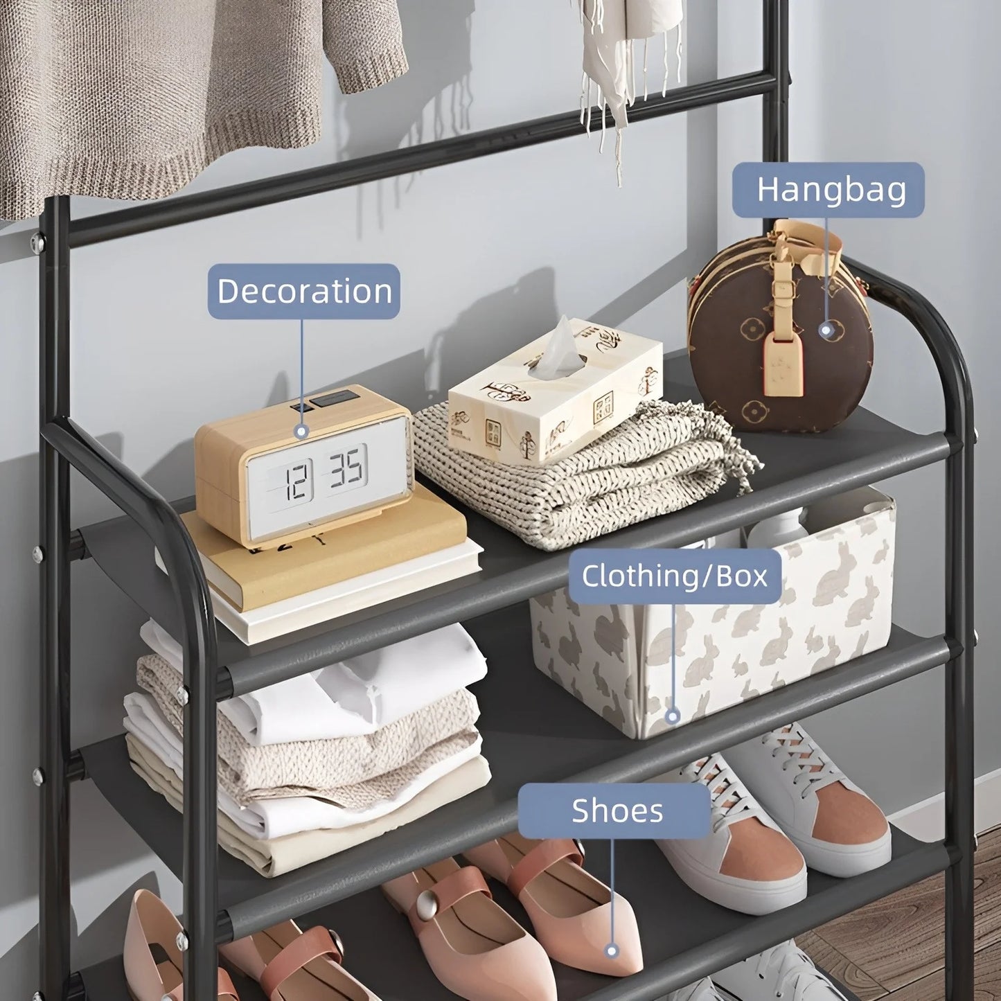 Shoe Rack Coat Rack Strand Simple Metal Storage Rack with Hooks