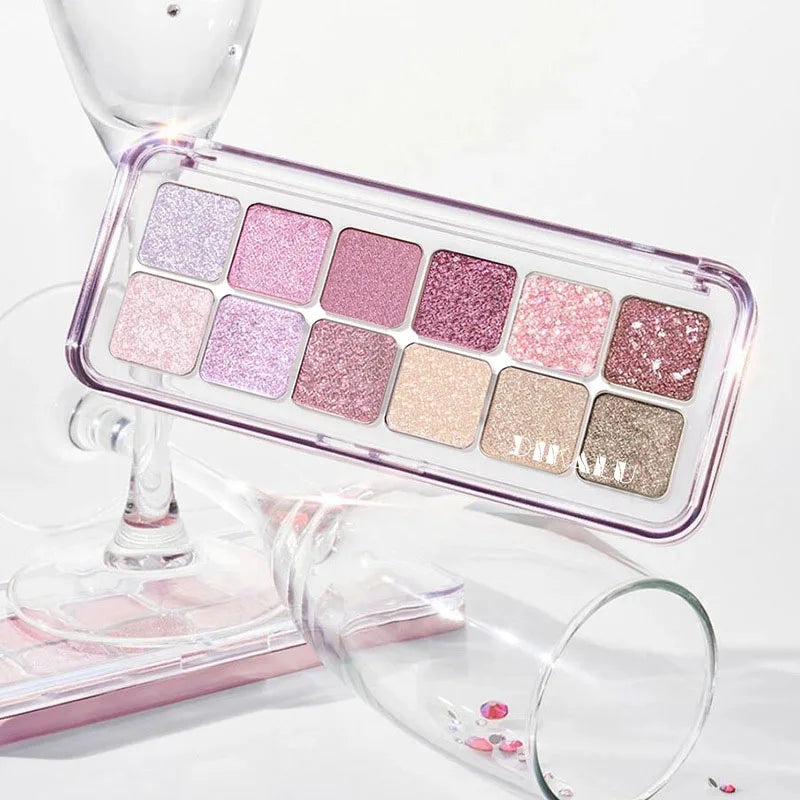 12-color eyeshadow palette - pink, white, red glitter and shimmer effects
Highly pigmented, long-lasting