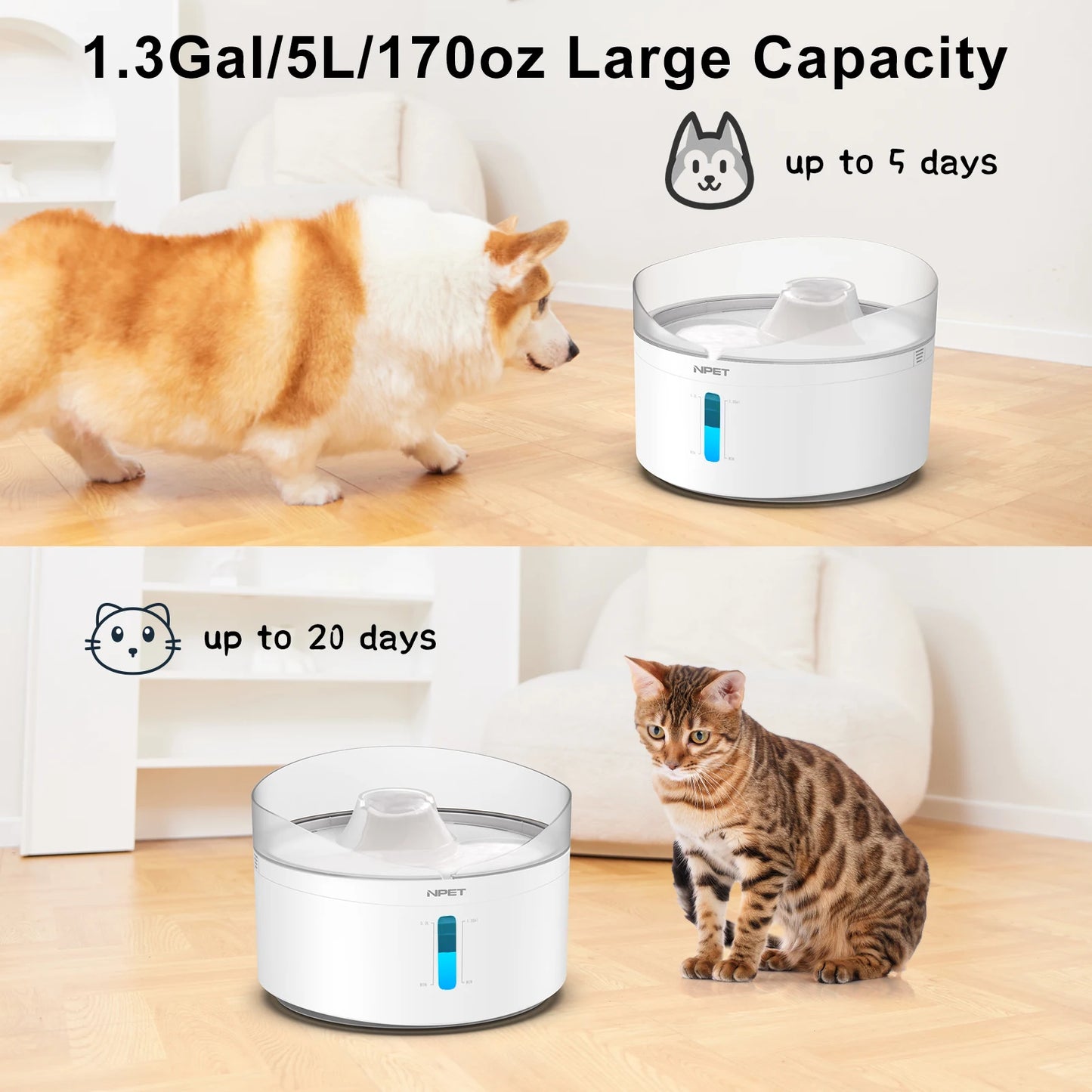 Automatic dog water fountain 5L Large capacity 170OZ Triple filter system
with controller of water and light