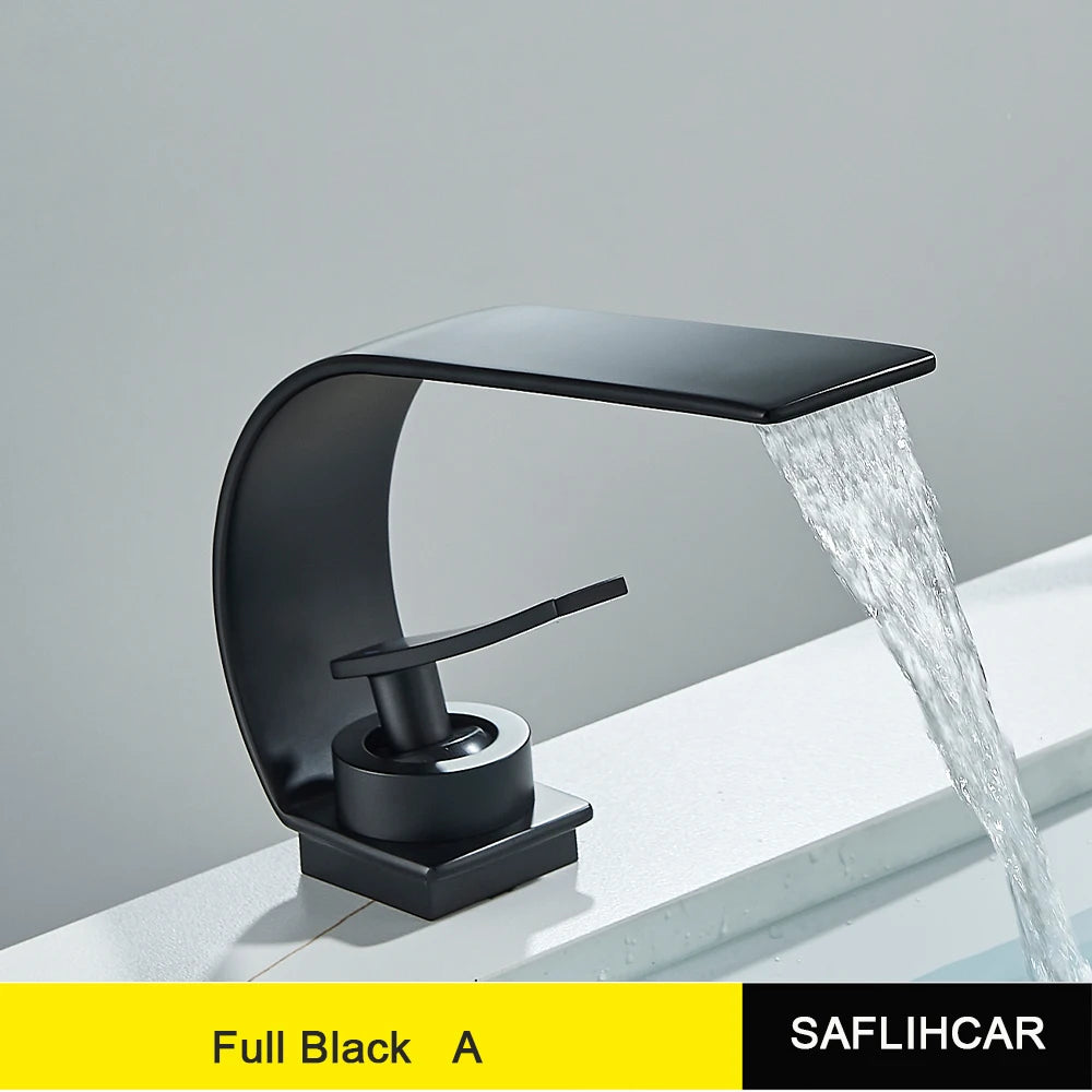 Curve Single Handle Black Bathroom Sink Faucet Hot Cold Mixer Water Tap Waterfall Vanity Vessel Sink Faucet