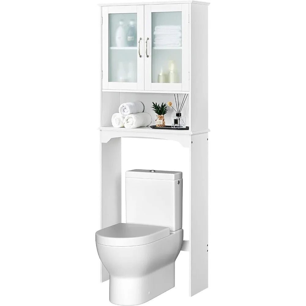 Over The Toilet Storage Cabinet with Double Tempered Glass Doors and Adjustable Shelf,