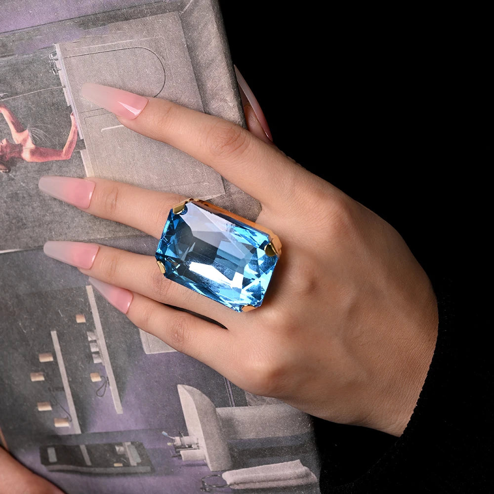Large Square Ring Blue Square Ring Rhinestone Adjustable Ring