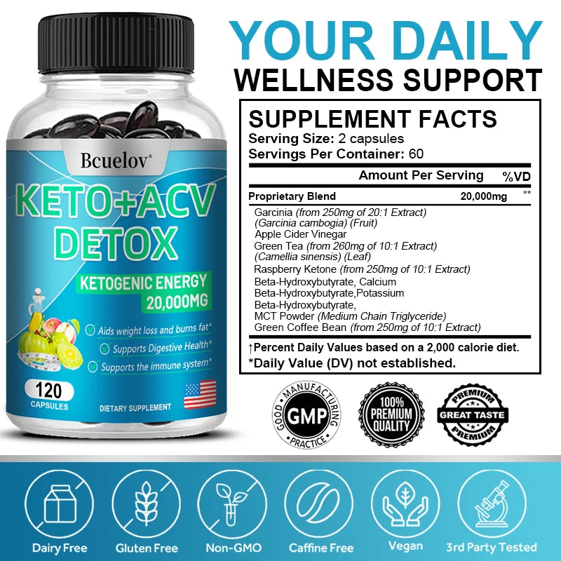 Keto + Apple Cider Vinegar Detox Capsules -
Support Immune, Digestion, Energy, Fat Burning, Weight Management, Metabolism