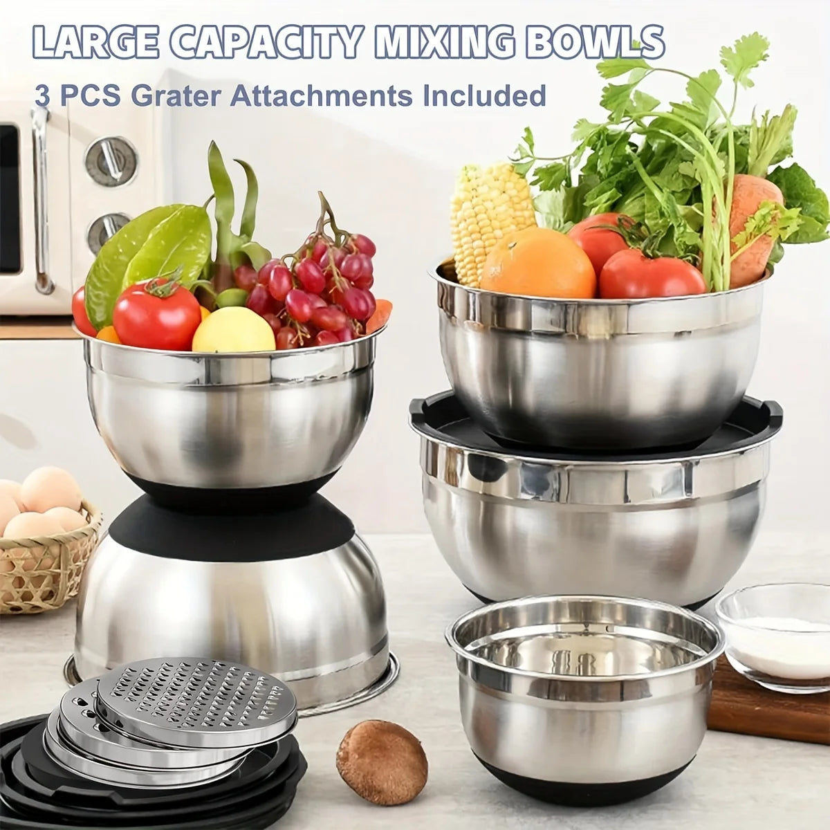 8pcs Mixing Bowls with Airtight Lids Stainless Steel Mixing Bowl Set,
Attachments Bottoms, Black Kitchen Bowls, Baking Serving