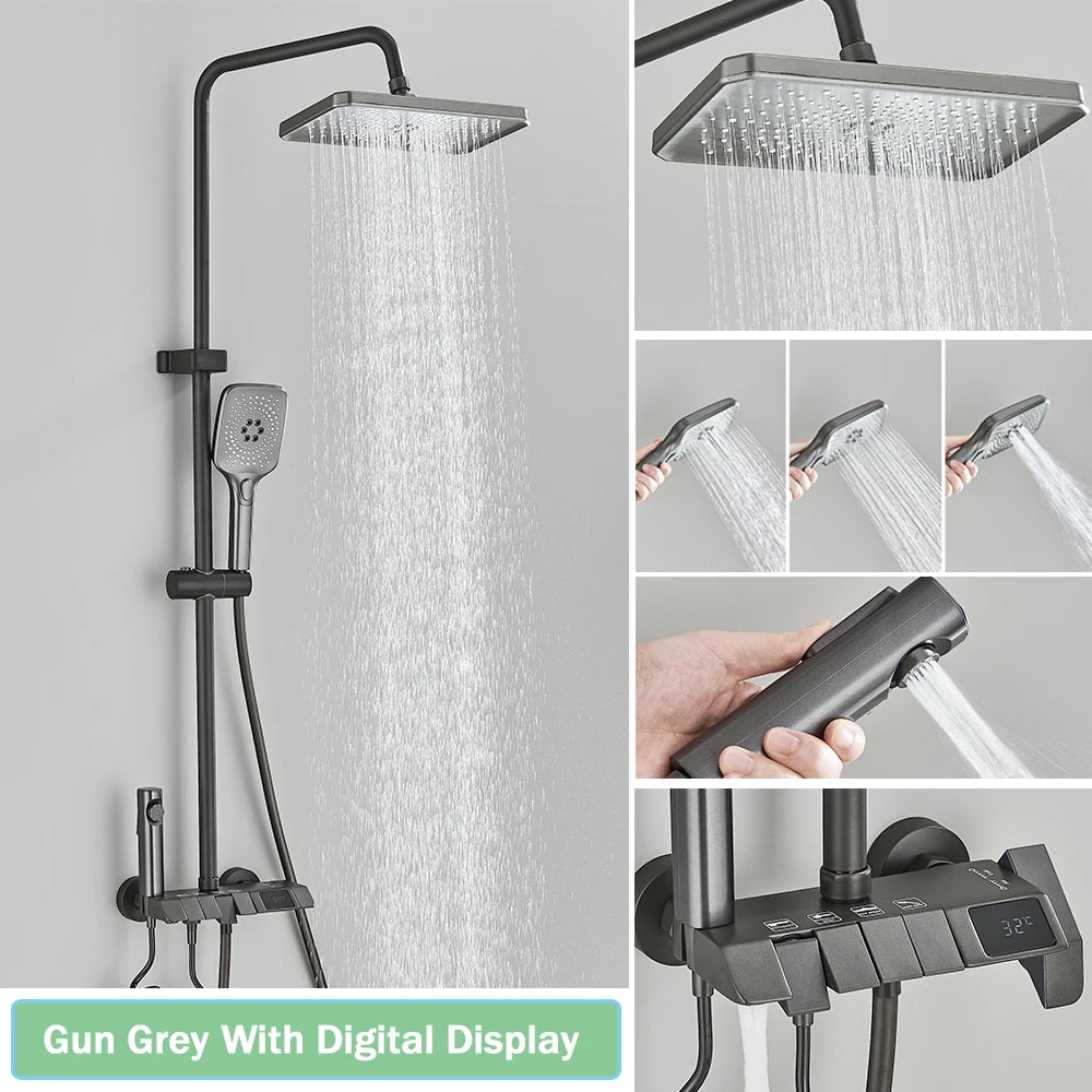 Black Smart Digital Display Shower Faucet Set Piano Style
Rainfall Bathroom System Grey Digital Mixer Tap Bidet Shower