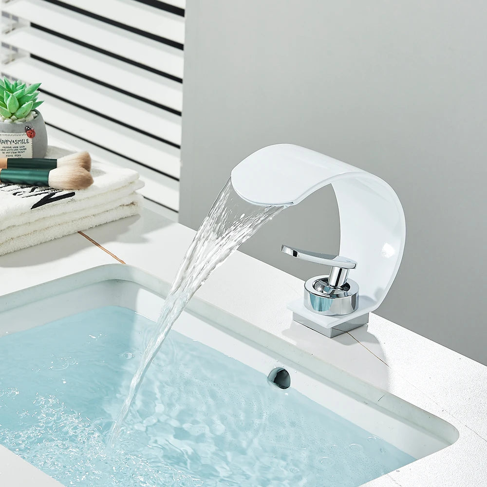 Curve Single Handle Black Bathroom Sink Faucet Hot Cold Mixer Water Tap Waterfall Vanity Vessel Sink Faucet