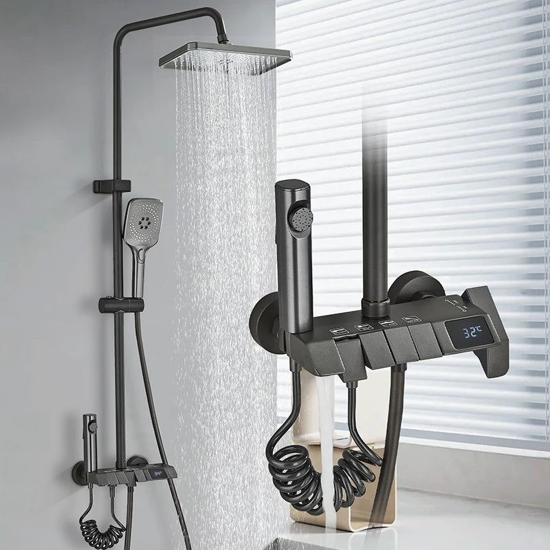 Black Smart Digital Display Shower Faucet Set Piano Style
Rainfall Bathroom System Grey Digital Mixer Tap Bidet Shower