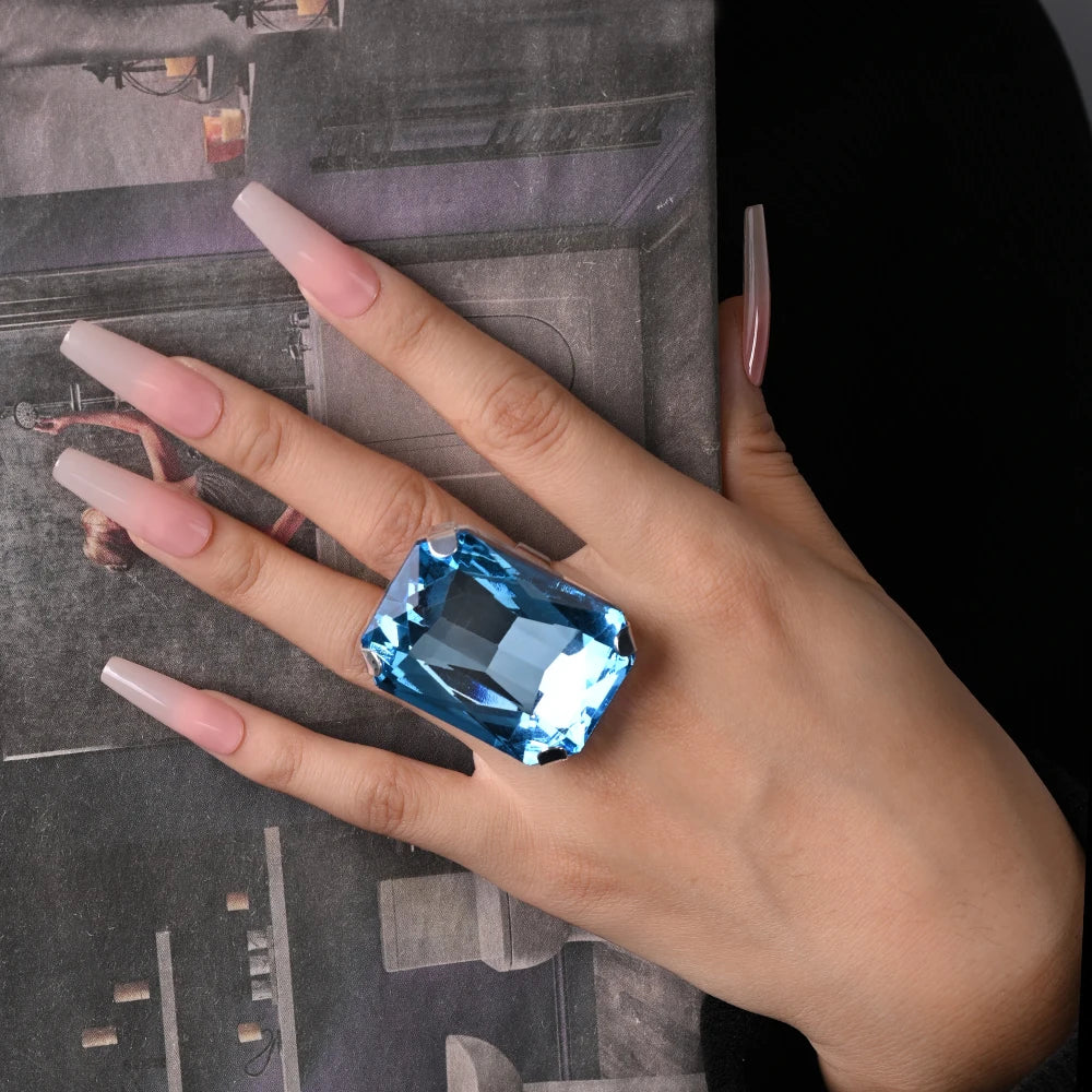 Large Square Ring Blue Square Ring Rhinestone Adjustable Ring