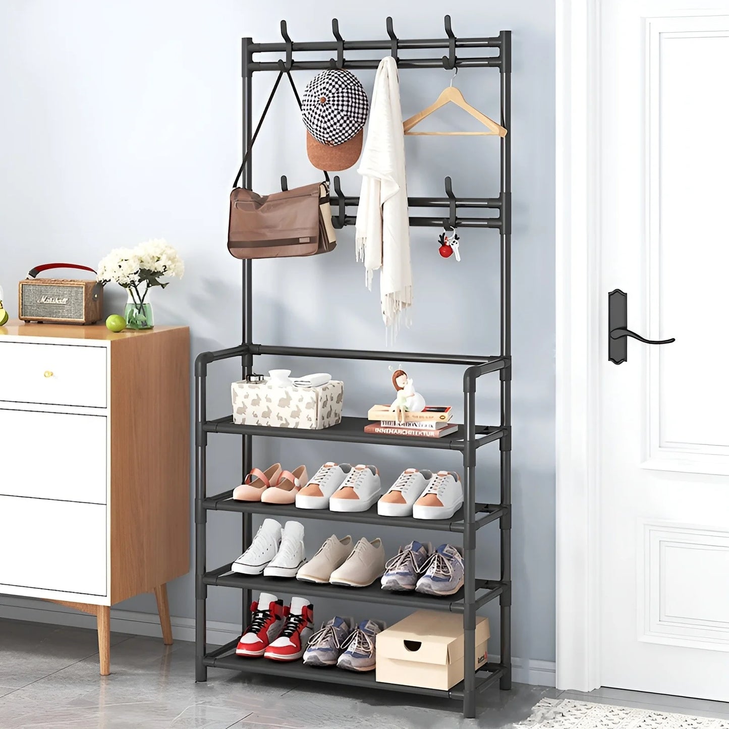 Shoe Rack Coat Rack Strand Simple Metal Storage Rack with Hooks