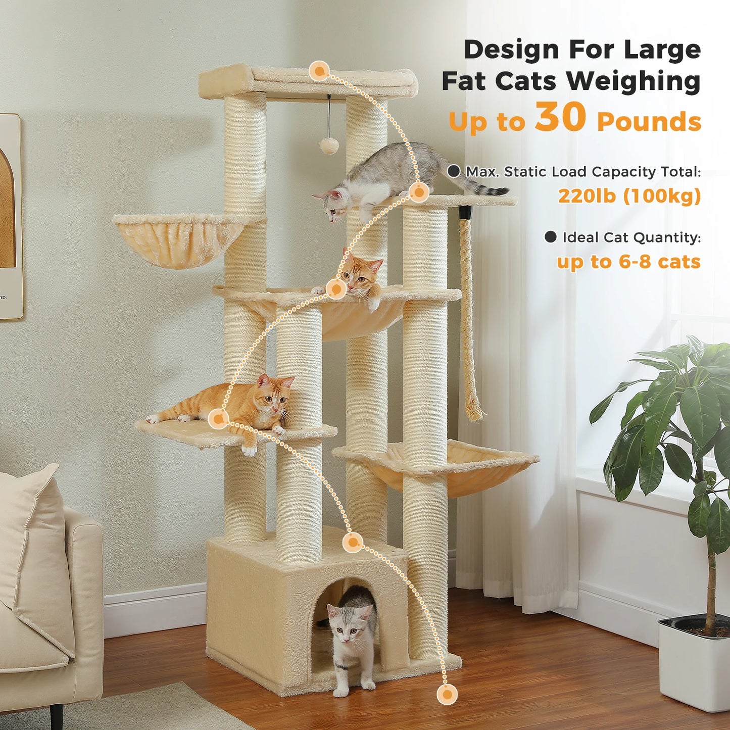 Multi-Level Cat Tree with Scratching Posts, Cozy Condo, Super Large Perch, Deep Hammocks,
Tall Cat Tower for Indoor Adult Cats