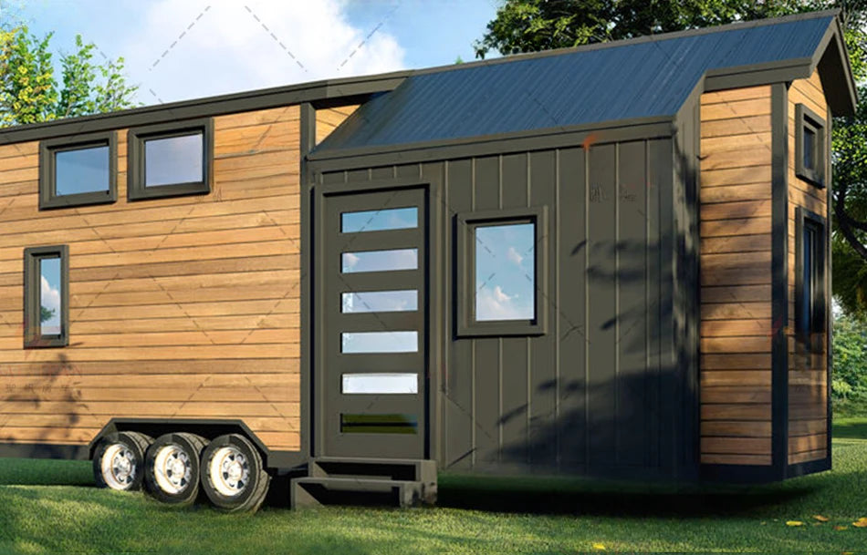 Prefabricated wooden mini sandwich panel modular
small house with movable chalet wheels