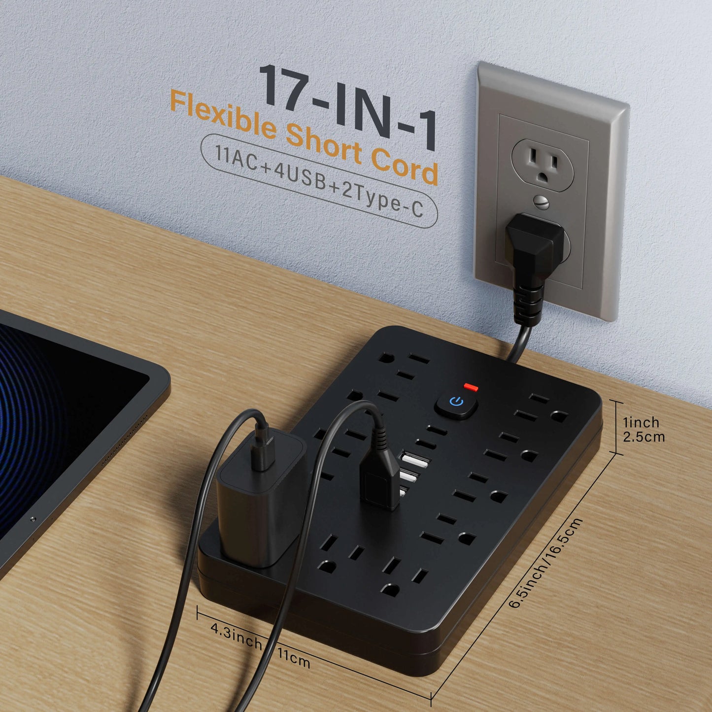 Versatile 17-in-1 Power Hub with Surge Protection
- Includes 11 AC Outlets, 4 USB Ports & 2 Type-C