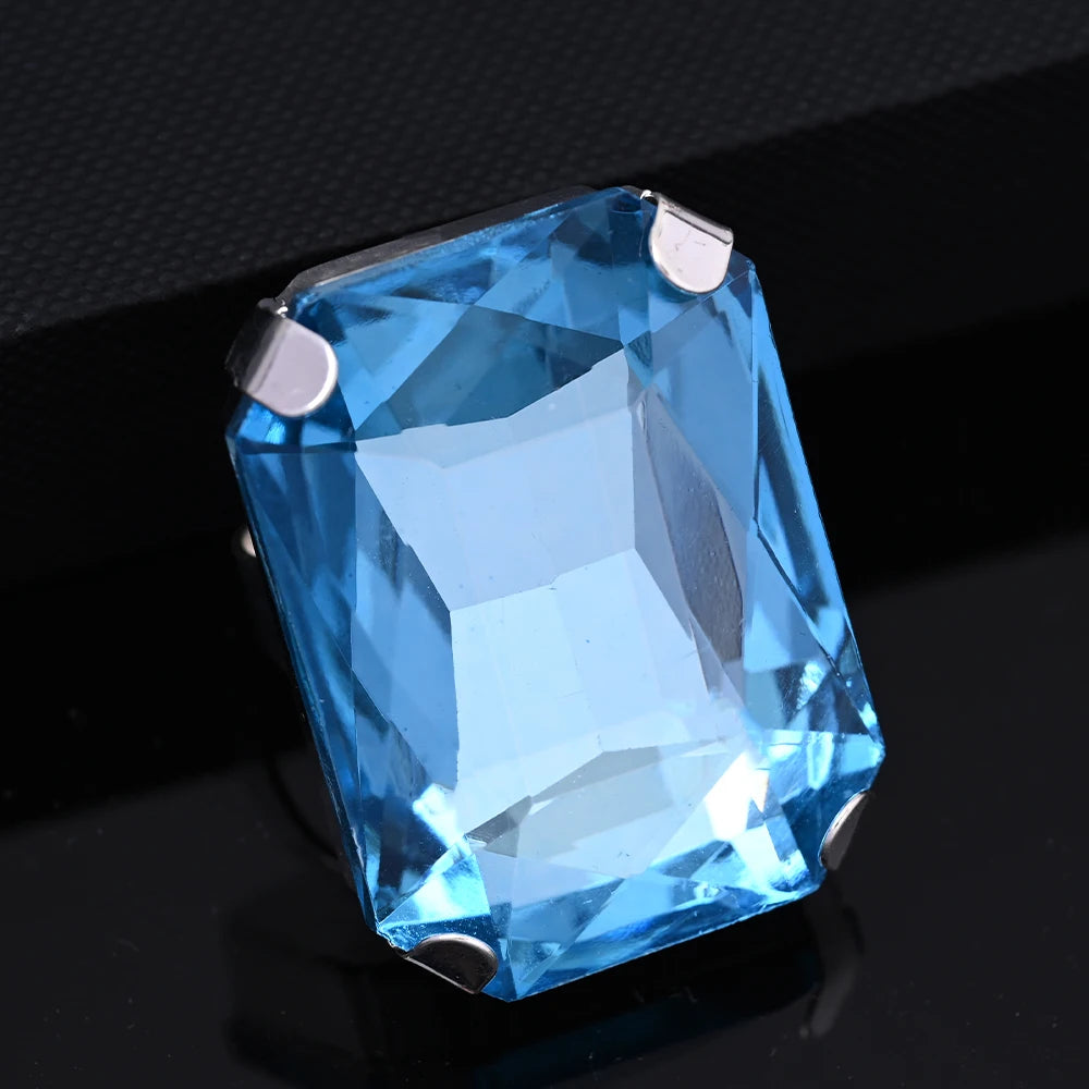 Large Square Ring Blue Square Ring Rhinestone Adjustable Ring