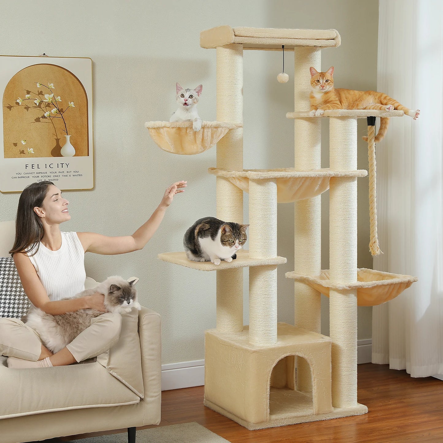 Multi-Level Cat Tree with Scratching Posts, Cozy Condo, Super Large Perch, Deep Hammocks,
Tall Cat Tower for Indoor Adult Cats