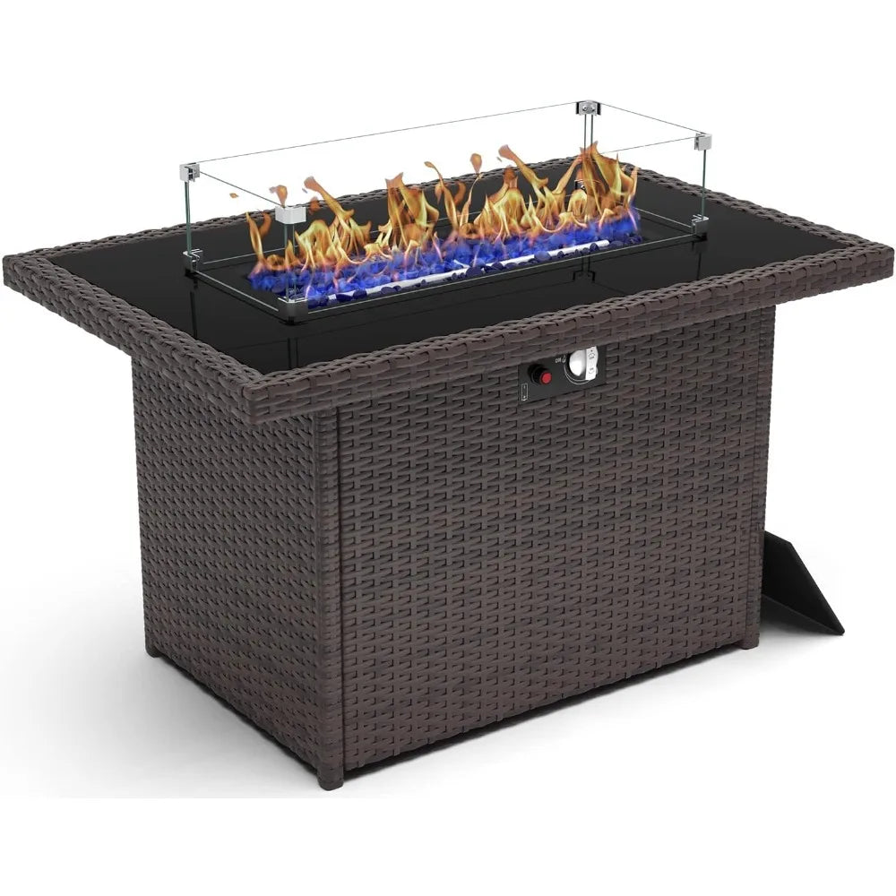 44 Inch Propane Gas Fire Pits Table Rectangular Outdoor Wicker Rattan Fire Pit