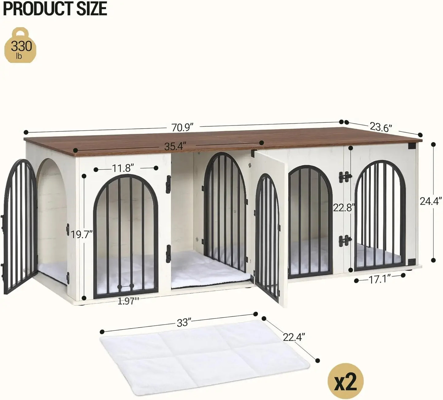 Dog Crate Furniture, 71" Heavy Duty Dog Kennels
with Divider, Pads, Side Table, TV Cabinet,Anti-Chew Anti-Escape, White Brown