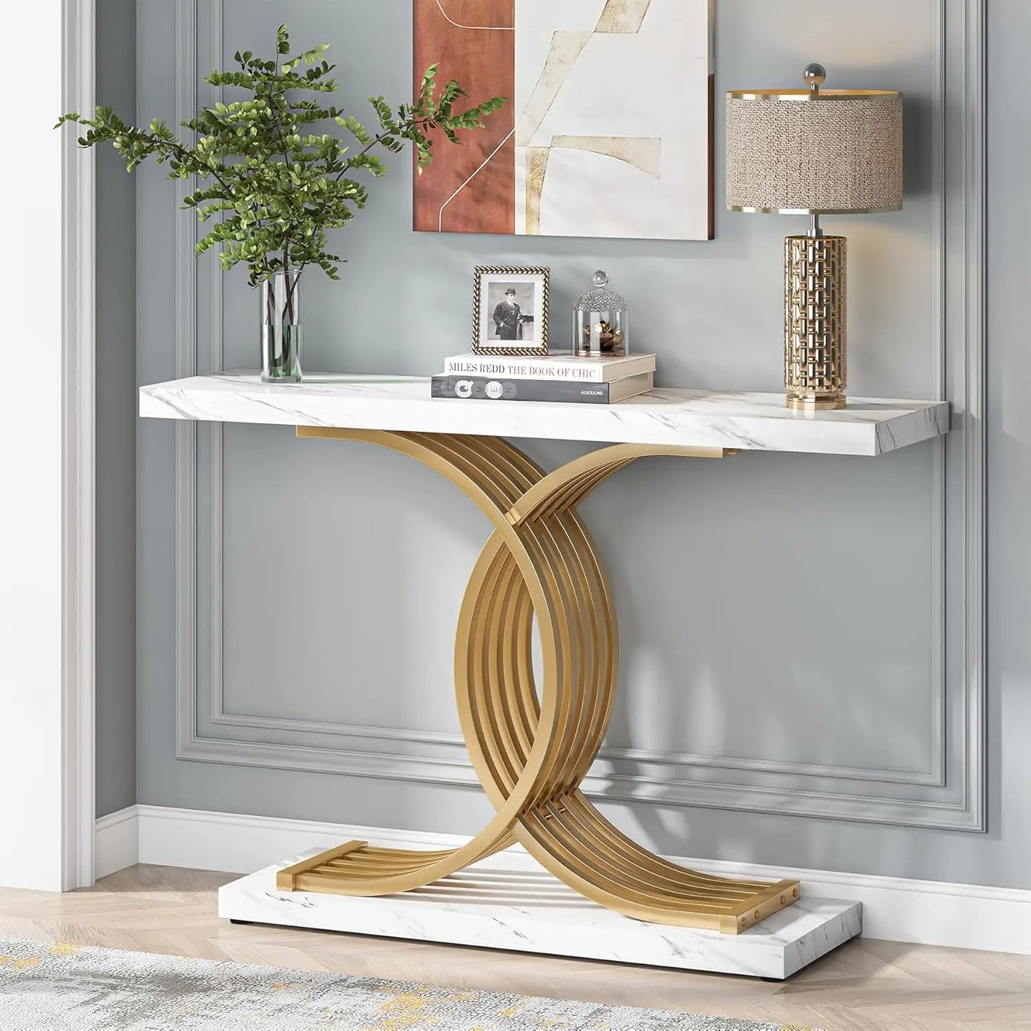Industrial Entryway Table, 39-Inch Vintage Console Table
Accent Table with Geometric Metal Legs, Wood Sofa Table, Living Room