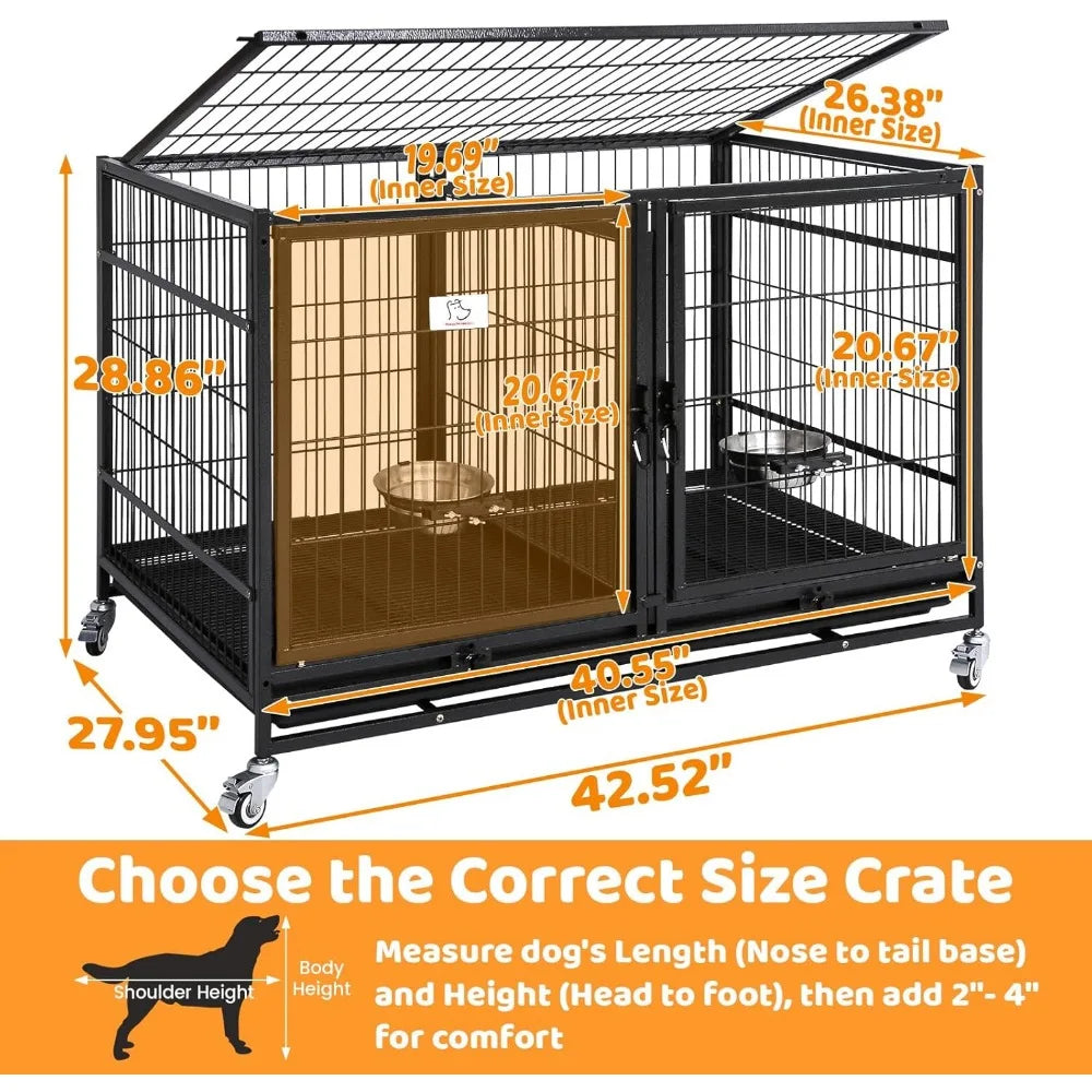 43 Inch Metal Open Top Stackable Heavy Duty Dog Cage Kennel
with Three Door, Metal Floor Grid, Divider and Feeding Bowl