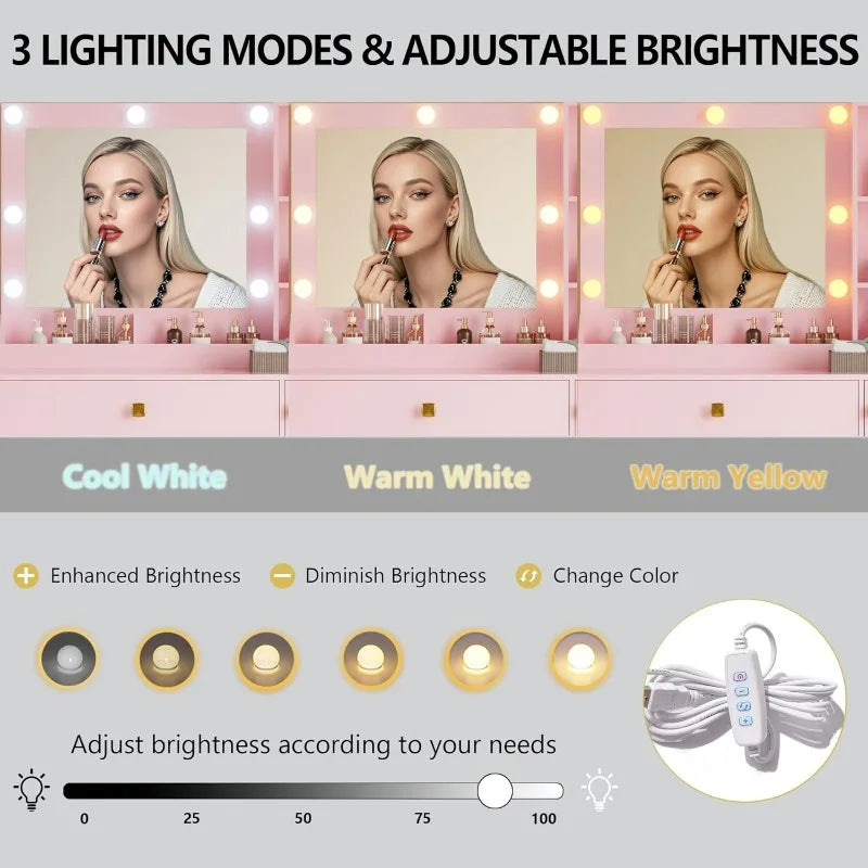 Vanity Desk with Mirror and 3 Adjustable Brightness