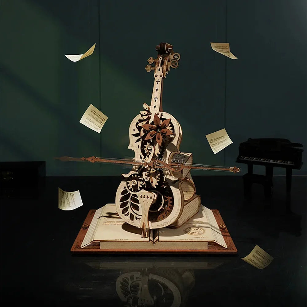 3D Wooden Puzzle Magic Cello Mechanical Music Box Moveable STEM\