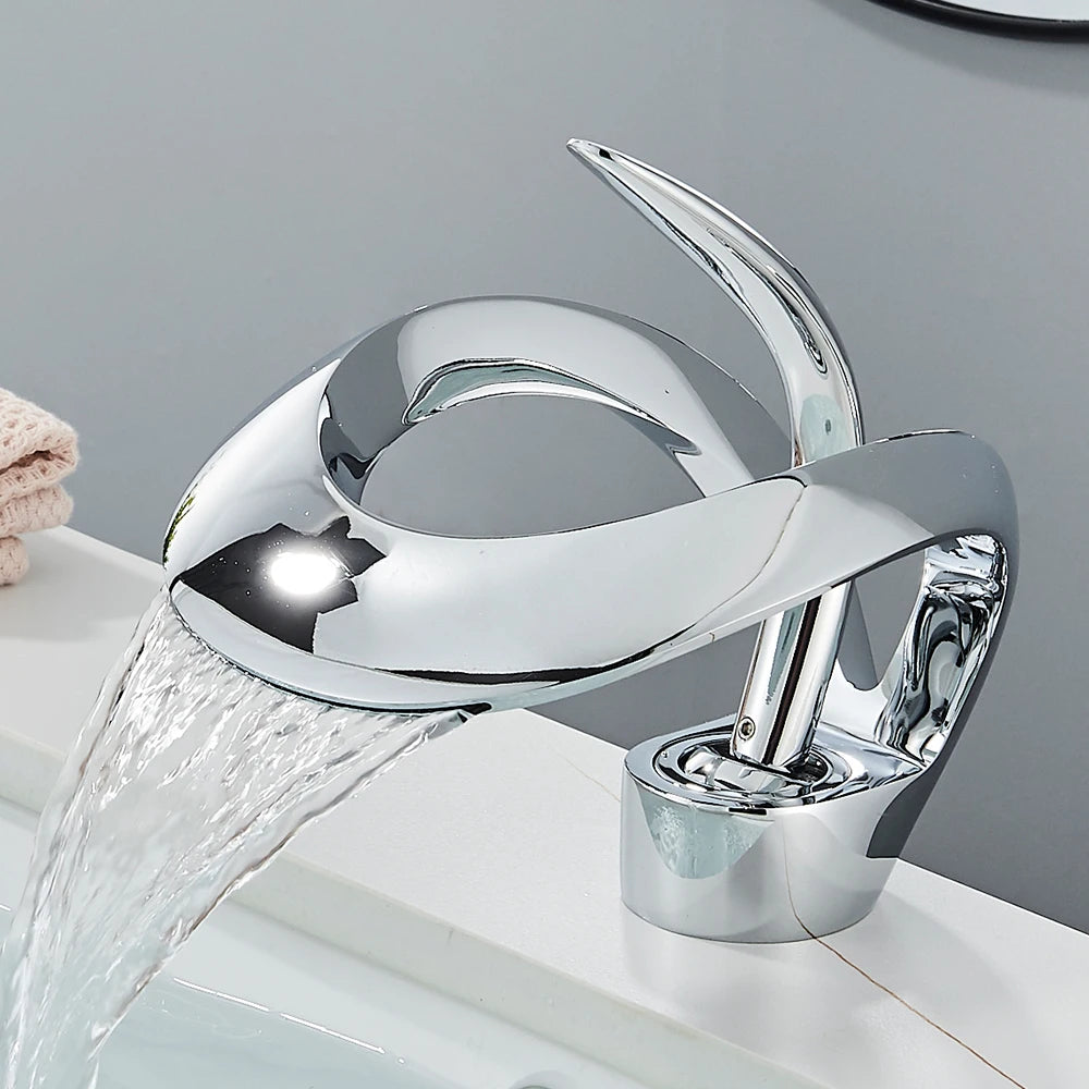 Solid Brass Waterfall Basin Faucet Single Handle Hot Cold Water