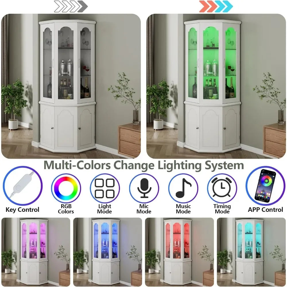 Corner Bar Cabinet w/LED Lights, Tall Modern Wine Cabinet with Tempered Glass Door
& Adjustable Shelves, Home Bar Liquor Storage
