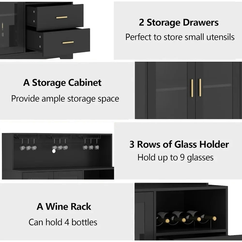 Wine Bar Cabinet with LED Light, with Wine and Glass Rack, Kitchen Buffet Sideboard