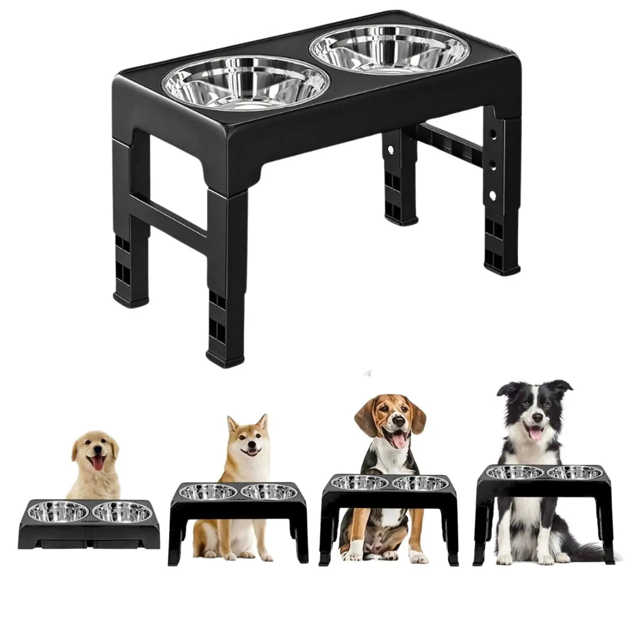 Multi Heights Folding Feeder, Raised Dog & Cat Bowls -
Adjustable Heights & Stainless Steel - Perfect for Small & Large Pets!