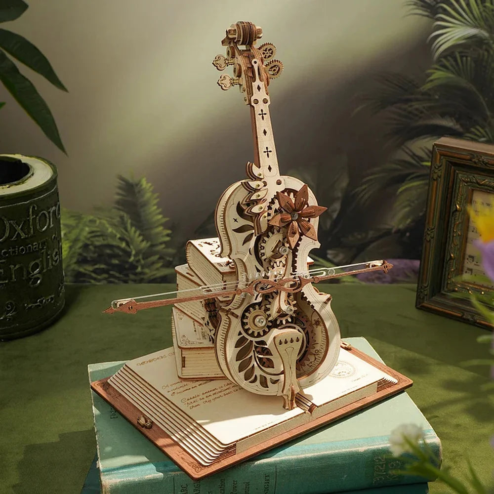 3D Wooden Puzzle Magic Cello Mechanical Music Box Moveable STEM\
