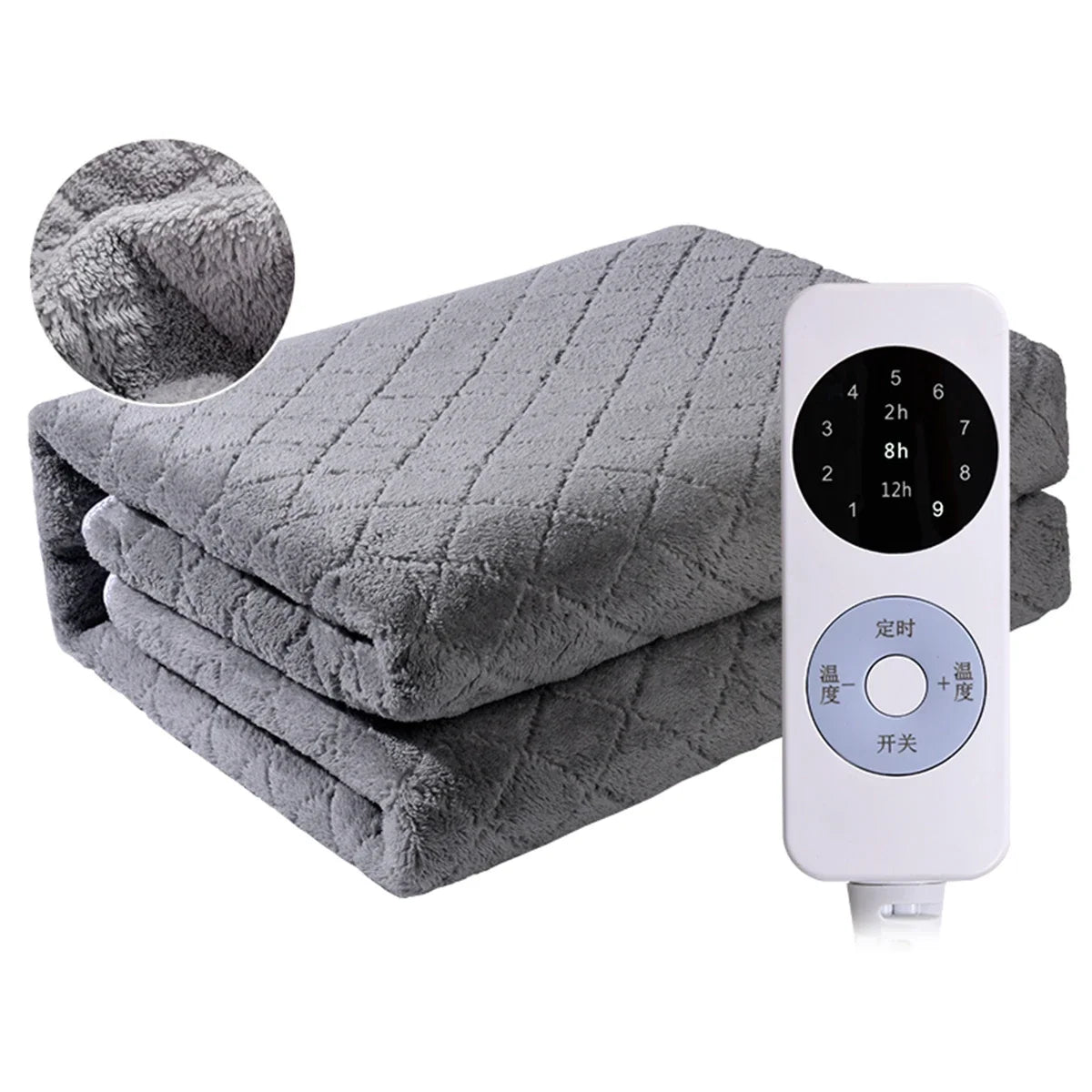 Grey Electric Blanket Fast-Heating Full Body Warming 9 Temperature Settings Auto Off