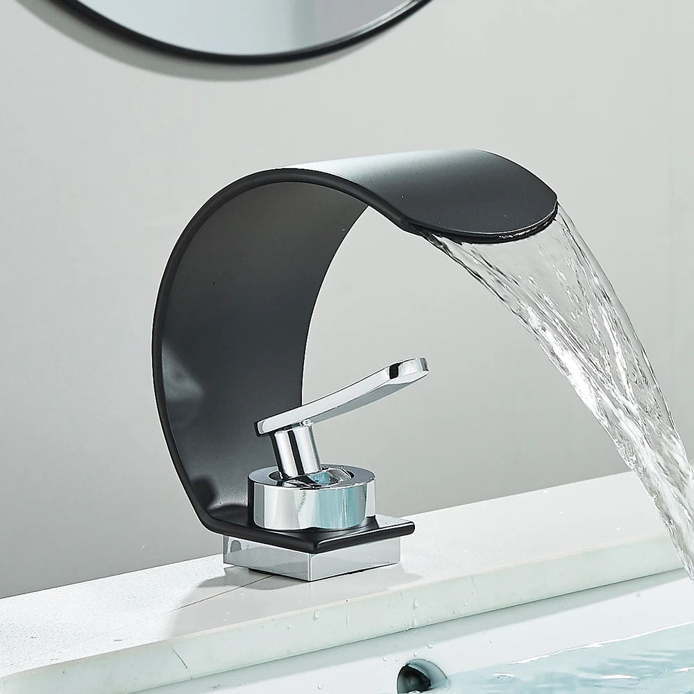 Curve Single Handle Black Bathroom Sink Faucet Hot Cold Mixer Water Tap Waterfall Vanity Vessel Sink Faucet