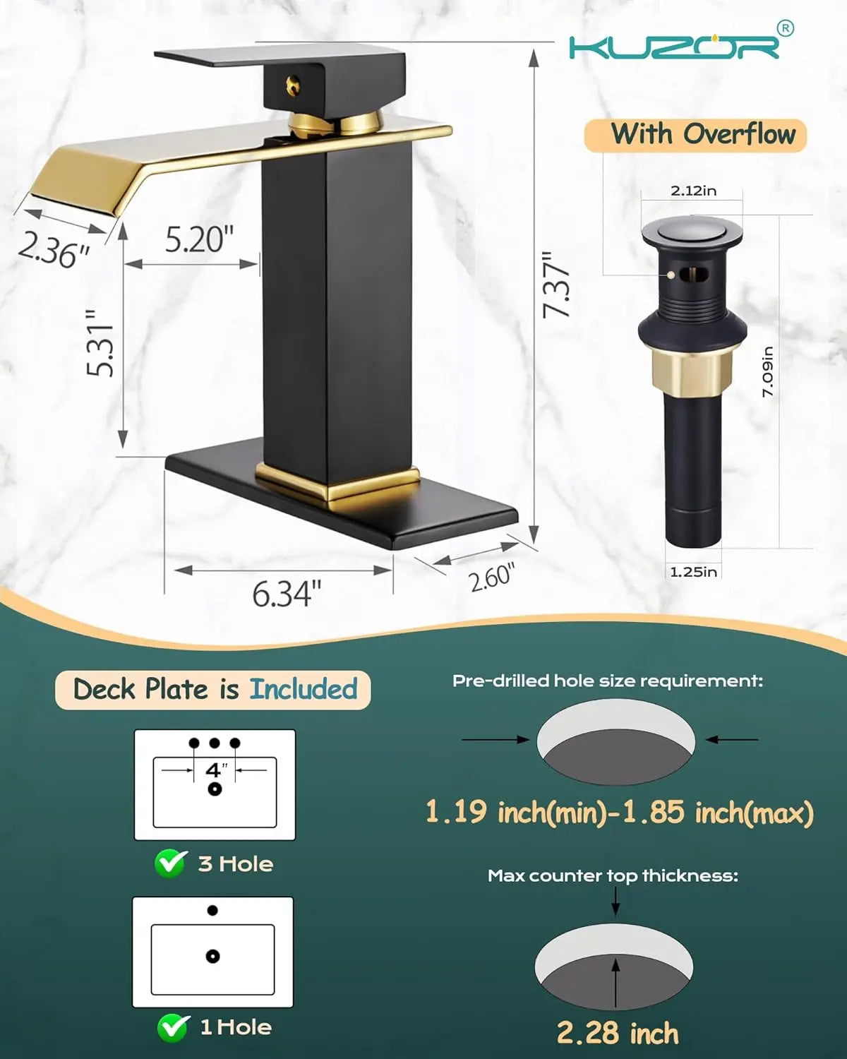 Wter Stainless Steel Bathroom Faucets 5-Minute Installation, Waterfall Single Hole