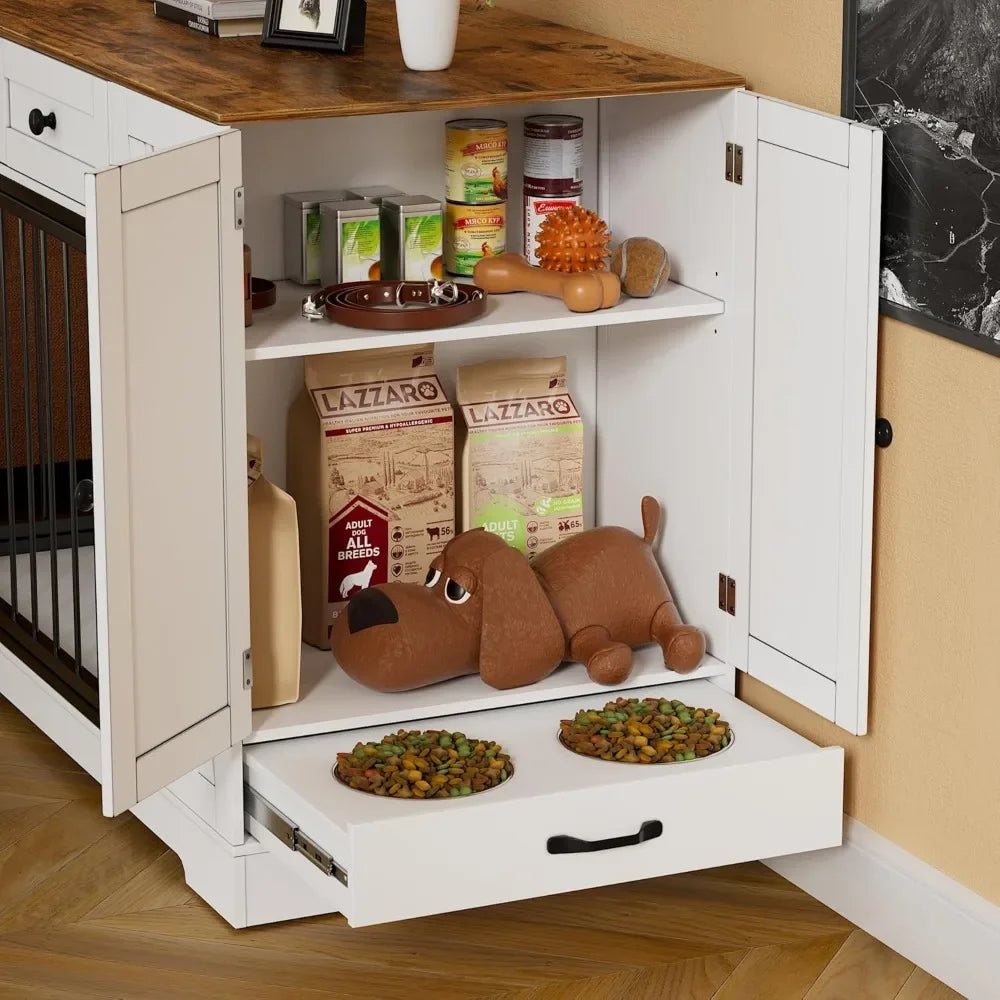 Dog Crate Furniture Kennel with Double Doors,
Wooden Pet House with 2 Drawers and Pet Feeder Station Storage Cabinet